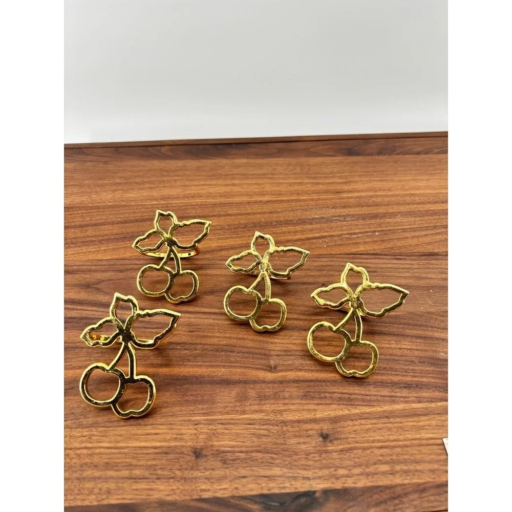 Gold Tone Cherry Napkin Rings Set of 4 Metal Fruit Design Table Decor Cottage
